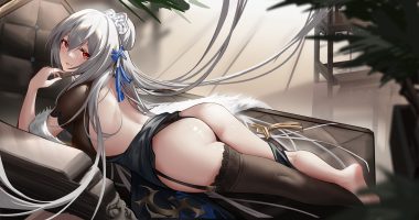 anthropomorphism ass azur lane barefoot bow chinese clothes chinese dress couch dress garter belt gray hair long hair panties qianqiu wanxia red eyes saint-louis (azur lane) skirt lift stockings underwear