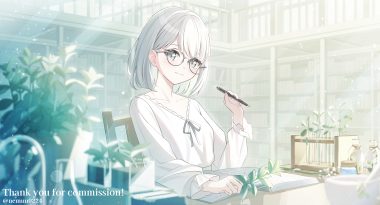 blush book bow glasses gray eyes gray hair leaves nemu no1 original shirt short hair watermark