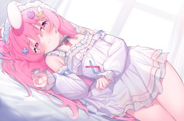 animal ears bed blush bow bunny ears bunnygirl choker dress eip (pepai) flat chest headdress long hair pink eyes pink hair ribbons skirt lift