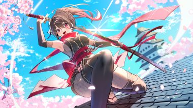azna bodysuit bow breasts brown hair building cherry blossoms clouds flowers japanese clothes katana long hair ninja petals ponytail red eyes rooftop scar scarf sky sword thighhighs weapon