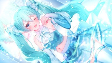 aqua hair blue eyes bow hatsune miku long hair navel nei (aduma1120ponpon) skirt tattoo thighhighs twintails vocaloid wink