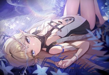 barefoot blonde hair blue eyes blush cartethyia (wuthering waves) dress headdress loloco long hair pointed ears tattoo wuthering waves