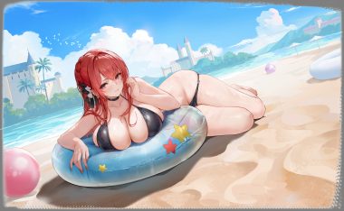 anthropomorphism azur lane ball barefoot beach bikini blush braids breasts building cleavage clouds collar long hair monarch (azur lane) panty pull pink eyes red hair sky swim ring swimsuit tagme (artist) transparent tree water wet