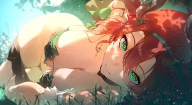 bikini blush choker ciaccona (wuthering waves) close grass green eyes horns long hair pointed ears red hair shorts swimsuit tattoo wuthering waves yonesdraws