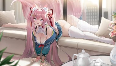 aliasing animal ears barefoot blue eyes blush bow breasts building cat smile cleavage couch fang flowers kwando long hair nopan pink hair reflection ribbons skirt spread legs tail teddypocky thighhighs twintails wristwear