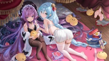 2girls animal anthropomorphism apple aqua eyes azur lane barefoot bird blue eyes blue hair blush braids choker fh moya flat chest food fruit goth-loli headdress janus (azur lane) leotard loli lolita fashion long hair manjuu (azur lane) pantyhose purple hair ribbons skirt tashkent (azur lane) thighhighs