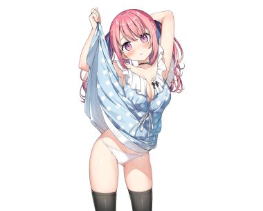 blush breasts cleavage dress kantoku kurumi (kantoku) no bra open shirt original panties pink hair purple eyes skirt lift thighhighs third-party edit twintails underwear white