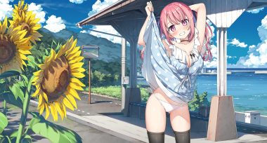blush breasts cleavage dress flowers kantoku kurumi (kantoku) no bra open shirt original panties pink hair purple eyes skirt lift sunflower thighhighs third-party edit twintails underwear