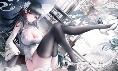 anthropomorphism azur lane black hair blush breasts butterfly chinese clothes chinese dress cleavage dress long hair red eyes thighhighs tree umbrella xiongshouji yat sen (azur lane)