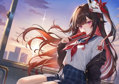 bell black hair blush building choker fan honkai (series) honkai: star rail koya (koyacocoa) long hair mask pink eyes ponytail school uniform skirt sky sparkle (honkai: star rail) stars