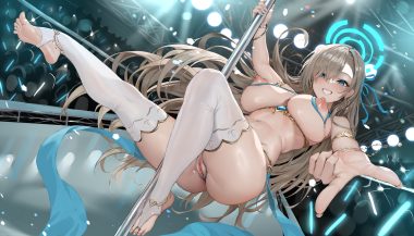 aoi sakura (seak5545) aqua eyes barefoot bikini blue archive bow breasts brown hair halo ichinose asuna long hair navel nipples pussy ribbons swimsuit thighhighs uncensored wristwear