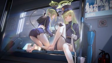 2girls ass barefoot blue archive building computer fang green hair halo hat long hair pointed ears rain shorts skirt tachibana hikari (blue archive) tachibana nozomi tail train twins twintails umbrella uniform water wet yellow eyes zhenli-mari