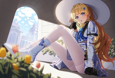 blonde hair blush boots building clouds flowers gloves hat leaves long hair pantyhose phoebe (wuthering waves) purple eyes selene (yechan1245) shade skirt sky wuthering waves