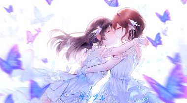 2girls brown hair butterfly dress higuchi madoka hug idolmaster idolmaster shiny colors jiji (381134808) kiss long hair purple eyes short hair tsukioka kogane white wristwear yuri