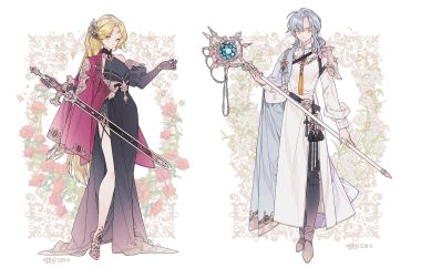 armor blonde hair cape chain dress elbow gloves flowers gloves gray hair lemon89h long hair male orange eyes original ponytail rose scar signed staff sword weapon white wristwear