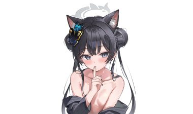 animal ears black eyes black hair blue archive blush braids catgirl close cropped flat chest halo long hair nekoya minamo no bra open shirt ryuuge kisaki third-party edit twintails white