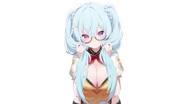 blue hair blush bow braids breasts chinese clothes cleavage deyui dress glasses long hair purple eyes shimiao (stella sora) stella sora third-party edit twintails white