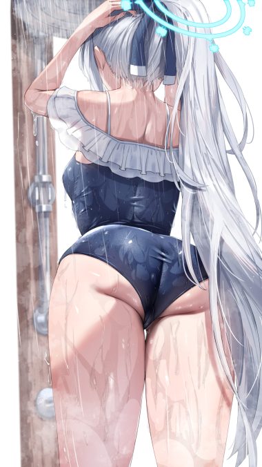enoha blue archive tsukiyuki miyako ass bathing halo see through swimsuits wet