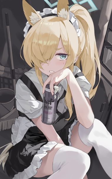 fang5hine blue archive ogata kanna (blue archive) animal ears halo inumimi maid skirt lift thighhighs