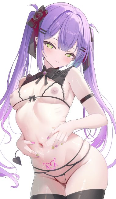 nekonosuke hololive tokoyami towa bra censored lingerie nipples pantsu pointy ears pussy pussy juice tail tattoo thighhighs thong wet