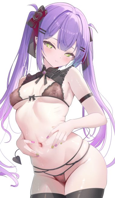 nekonosuke hololive tokoyami towa bra lingerie pantsu pointy ears tail thighhighs thong wet