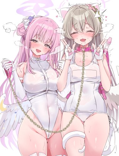 nikuya (nikuniku nikuya) blue archive kirifuji nagisa misono mika angel animal ears cameltoe leotard nekomimi school swimsuit see through swimsuits tail thighhighs wet wet clothes wings yuri