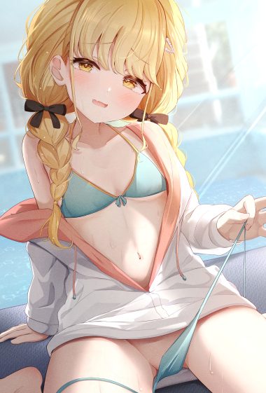 sky cappuccino gakuen idolm@ster the idolm@ster fujita kotone bikini loli open shirt panty pull swimsuits undressing wet