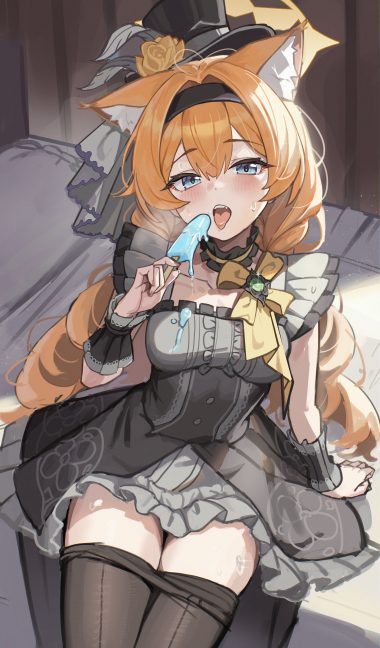 p1n blue archive iochi mari animal ears cream halo loli nekomimi pantyhose skirt lift uniform wet