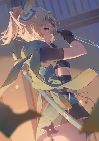 hana mori hololive kazama iroha fishnets japanese clothes ninja sarashi sword weapon