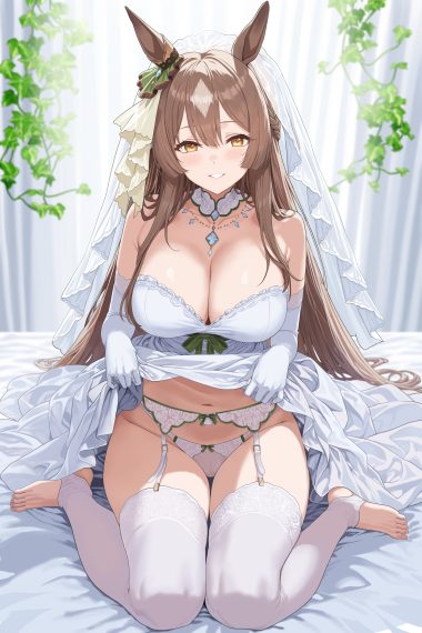 hidis0086 uma musume pretty derby satono diamond (umamusume) animal ears dress garter belt no bra pantsu skirt lift stockings thighhighs wedding dress