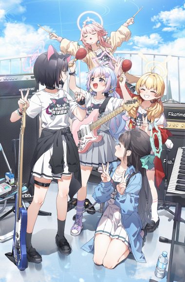 kusaka shi blue archive ibaragi yoshimi kurimura airi kyouyama kazusa uzawa reisa yutori natsu animal ears garter guitar halo nekomimi seifuku uniform