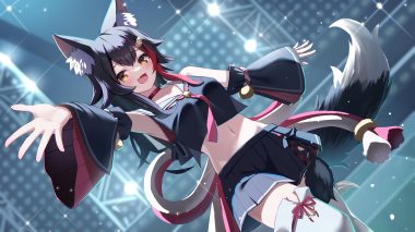 animal ears bell black hair blush cat smile choker fang hololive long hair navel ookami mio orange eyes school uniform skirt tail thighhighs togemaru34 wolfgirl zettai ryouiki