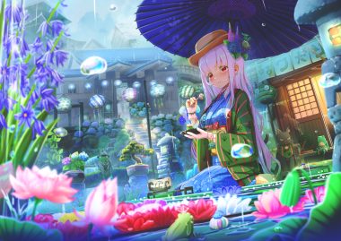 abo (kawatasyunnnosukesabu) animal building cat flowers food frog gloves hat japanese clothes kimono long hair original rain red eyes stairs tree umbrella water white hair