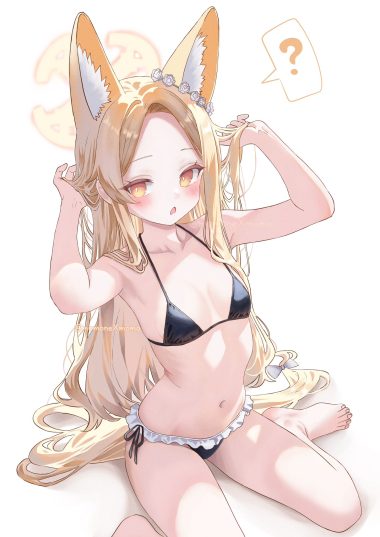 momonexmomo blue archive yurizono seia animal ears bikini halo kitsune loli swimsuits tail