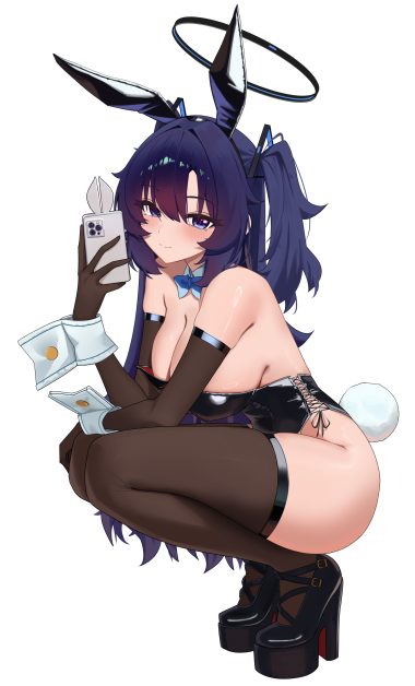 mcbox blue archive hayase yuuka animal ears bunny ears bunny girl halo heels no bra selfie tail thighhighs
