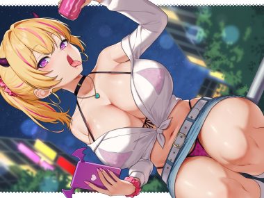 bikini blonde hair breasts choker drink erect nipples horns long hair navel necklace night original phone ponytail purple eyes see through sky swimsuit y umiharu