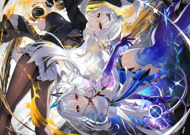 2girls breasts crossover dress elbow gloves genshin impact gloves long hair magic pantyhose red eyes scottie (phantom2) shorts signed skirk (genshin impact) thighhighs white hair yellow eyes yi xuan zenless zone zero zettai ryouiki