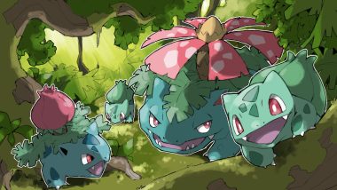 blacknirrow bulbasaur fang forest group ivysaur leaves no humans pokemon red eyes tree venusaur