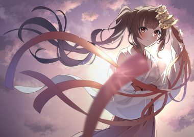 bell brown hair clouds japanese clothes long hair miko nikahoshikuzu original ponytail red eyes ribbons sky sunset