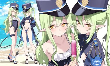 2girls beach bikini blue archive blush breasts cleavage clouds fang garter green hair hat loli long hair pointed ears popsicle shigure s sky swimsuit tachibana hikari (blue archive) tachibana nozomi tail twins twintails water yellow eyes