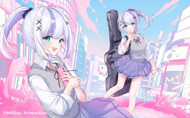 aliasing aqua eyes blush building city clouds gray hair instrument jura million production nonono nono phone ponytail school uniform shirt skirt sky watermark