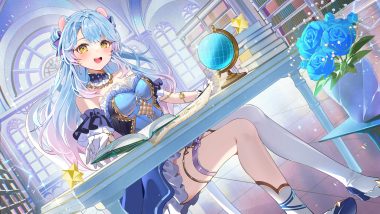 animal ears azna blue hair blush book boots bow choker dress flowers garter gloves long hair rose thighhighs yellow eyes