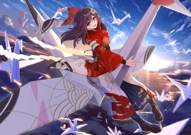 aliasing anima miko blush boots brown hair choker clouds japanese clothes kimono long hair original paper pink eyes sky torii water