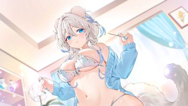 animal ears azna blue eyes blush bra braids breasts cleavage gray hair long hair navel panties tail underwear