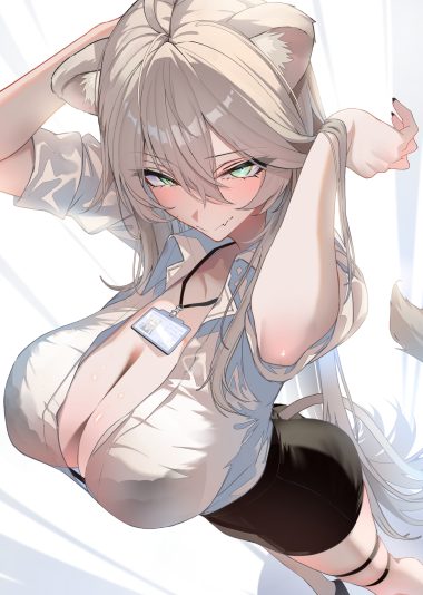 omoti hololive shishiro botan animal ears bra dress shirt garter open shirt see through tail
