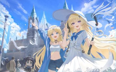 animal bird black eyes black hair blonde hair blue eyes bow building camera cartethyia (wuthering waves) choker clouds dress feathers hat headdress long hair navel necklace park phoebe (wuthering waves) phone pointed ears purple eyes ribbons short hair shorts sky stairs sunj000 wristwear wuthering waves yangyang (wuthering waves)