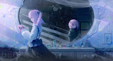 akiyama mizuki bow flowers long hair mirror naycot petals pink eyes pink hair ponytail project sekai shirt short hair skirt