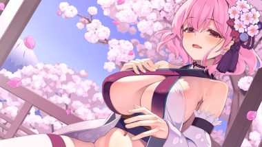 blush breast hold breasts cherry blossoms choker flowers japanese clothes navel no bra original osa (osaosa) pink hair purple eyes short hair sky thighhighs tree