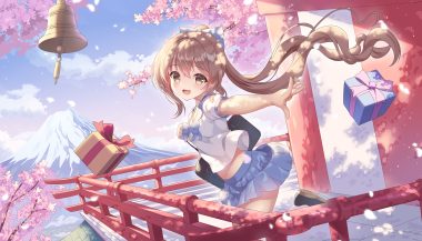 bell bow brown eyes brown hair cherry blossoms flowers freshylulu m long hair original petals ponytail school uniform shirt skirt sky