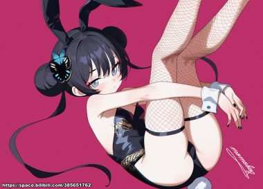 animal ears ass black hair blue archive blush bunny ears bunnygirl gray eyes headband leotard long hair momobug22 ryuuge kisaki signed tail thighhighs twintails watermark